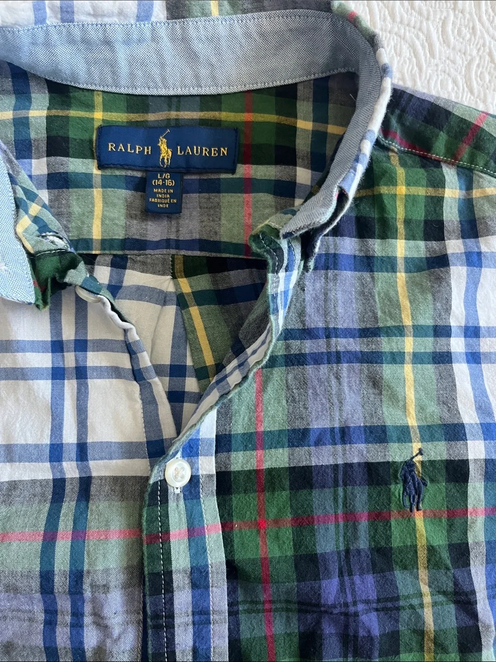 Ralph Lauren Green, Blue and White Plaid Button-Down Shirt Boys large 14/16